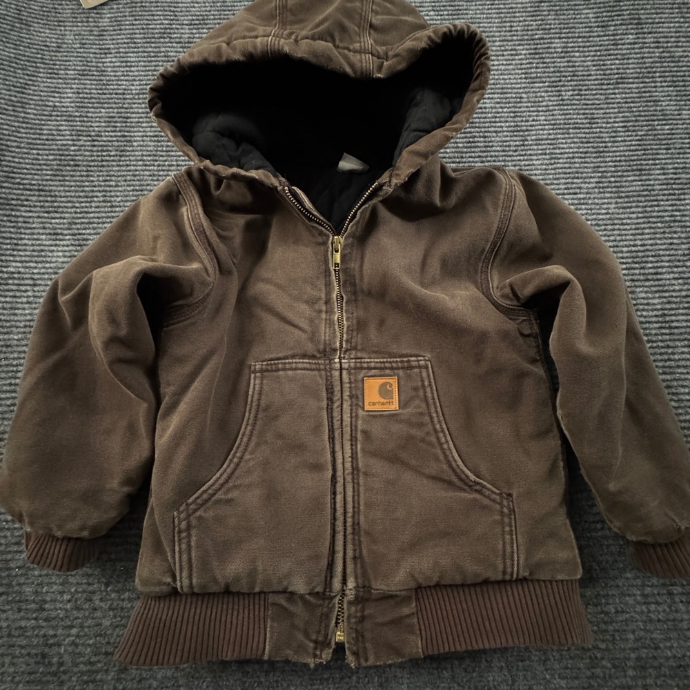 Carhartt Youth 7 Brown Duck Active Jacket Hooded Quilt Lined Faded Distressed